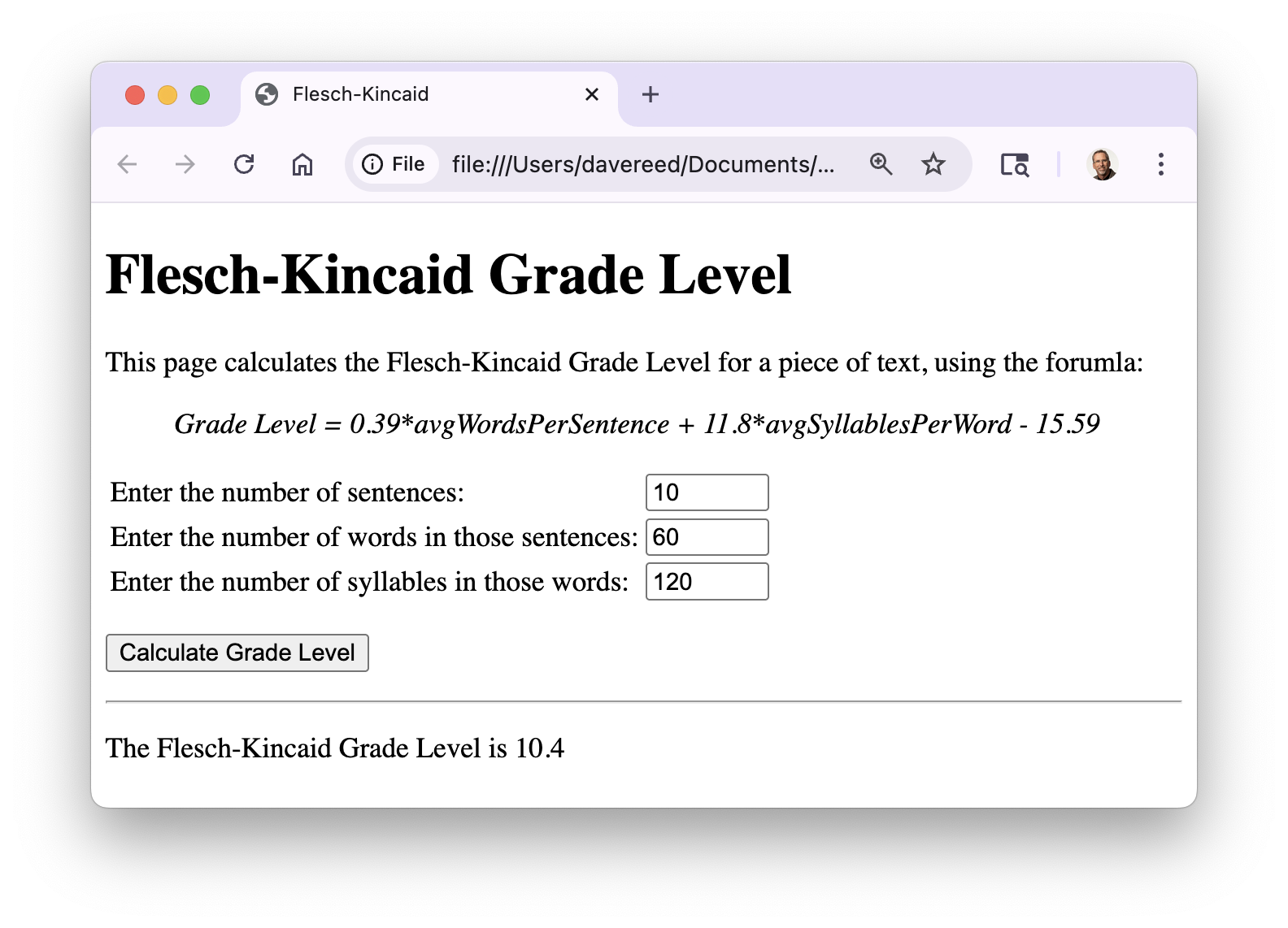 Reading Level Screenshot